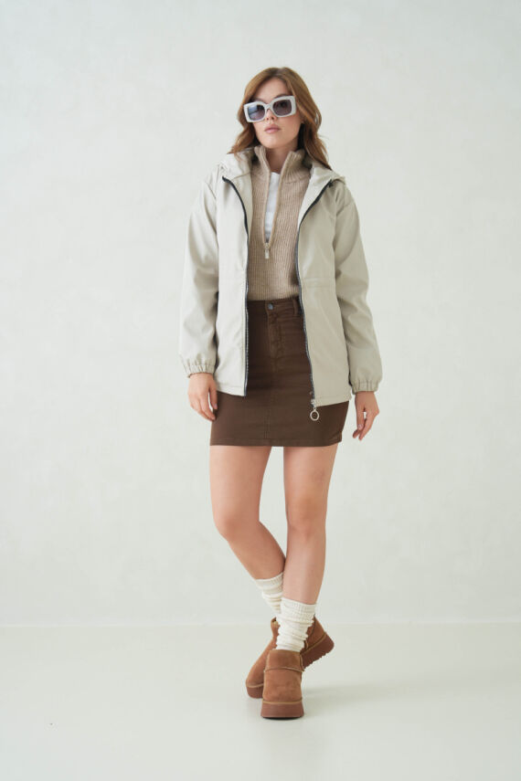 İçi Astarlı Su Geçirmez Kapüşonlu Fermuarlı Sık Dokuma Kadın Trençkot - 1