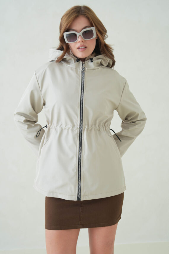 İçi Astarlı Su Geçirmez Kapüşonlu Fermuarlı Sık Dokuma Kadın Trençkot - 4