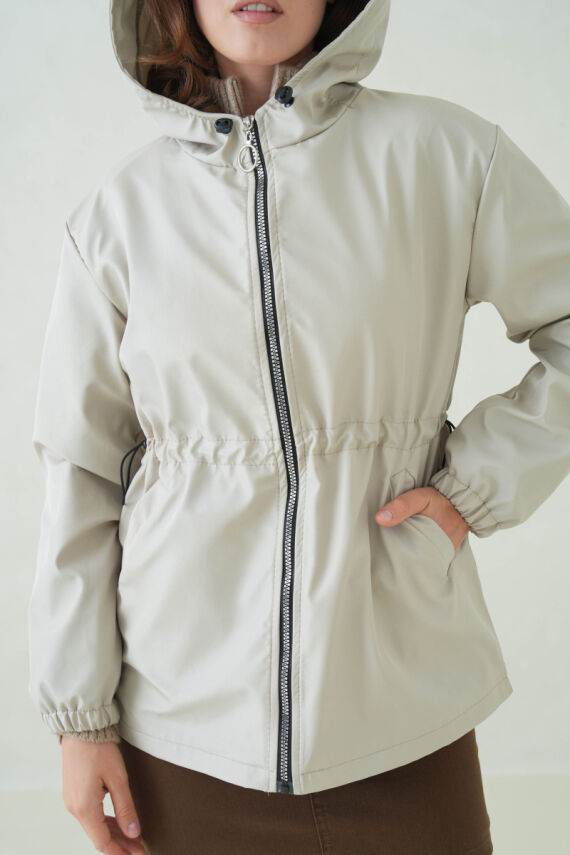 İçi Astarlı Su Geçirmez Kapüşonlu Fermuarlı Sık Dokuma Kadın Trençkot - 5