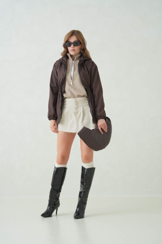 İçi Astarlı Su Geçirmez Kapüşonlu Fermuarlı Sık Dokuma Kadın Trençkot - 7