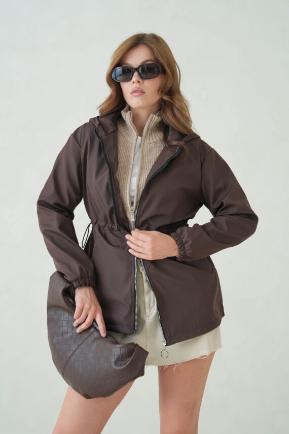 İçi Astarlı Su Geçirmez Kapüşonlu Fermuarlı Sık Dokuma Kadın Trençkot - 8