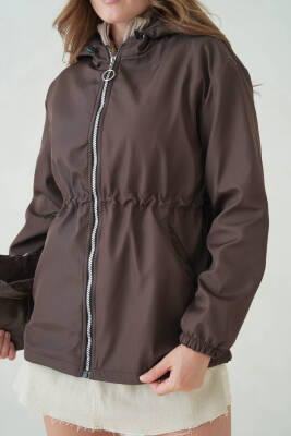 İçi Astarlı Su Geçirmez Kapüşonlu Fermuarlı Sık Dokuma Kadın Trençkot - 9