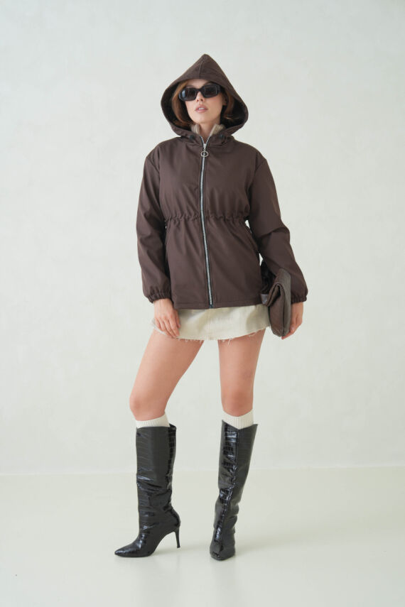 İçi Astarlı Su Geçirmez Kapüşonlu Fermuarlı Sık Dokuma Kadın Trençkot - 10