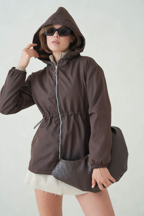 İçi Astarlı Su Geçirmez Kapüşonlu Fermuarlı Sık Dokuma Kadın Trençkot - 11