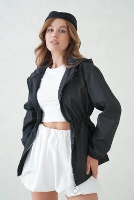 İçi Astarlı Su Geçirmez Kapüşonlu Fermuarlı Sık Dokuma Kadın Trençkot - 15