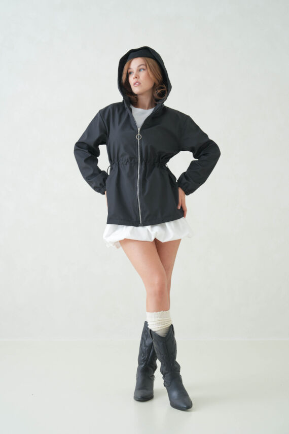 İçi Astarlı Su Geçirmez Kapüşonlu Fermuarlı Sık Dokuma Kadın Trençkot - 14