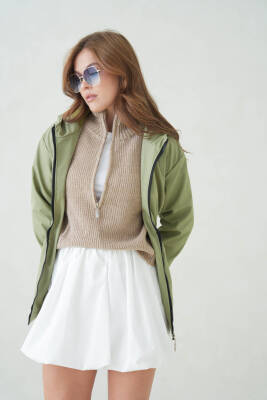 İçi Astarlı Su Geçirmez Kapüşonlu Fermuarlı Sık Dokuma Kadın Trençkot - 21