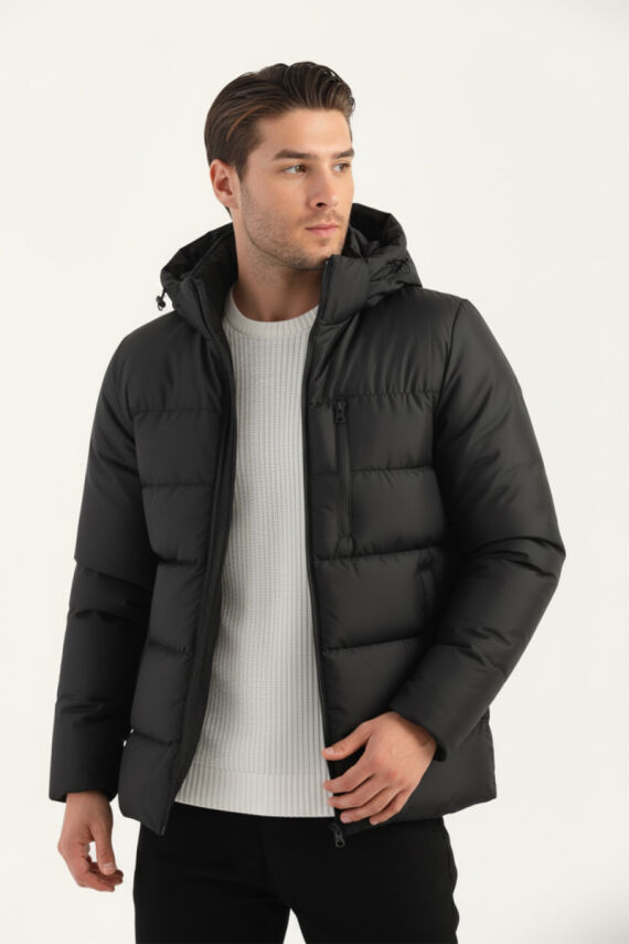 İçi Astarlı Su ve Rüzgar Geçirmez Cepli Kapüşonlu Erkek Mont - 1