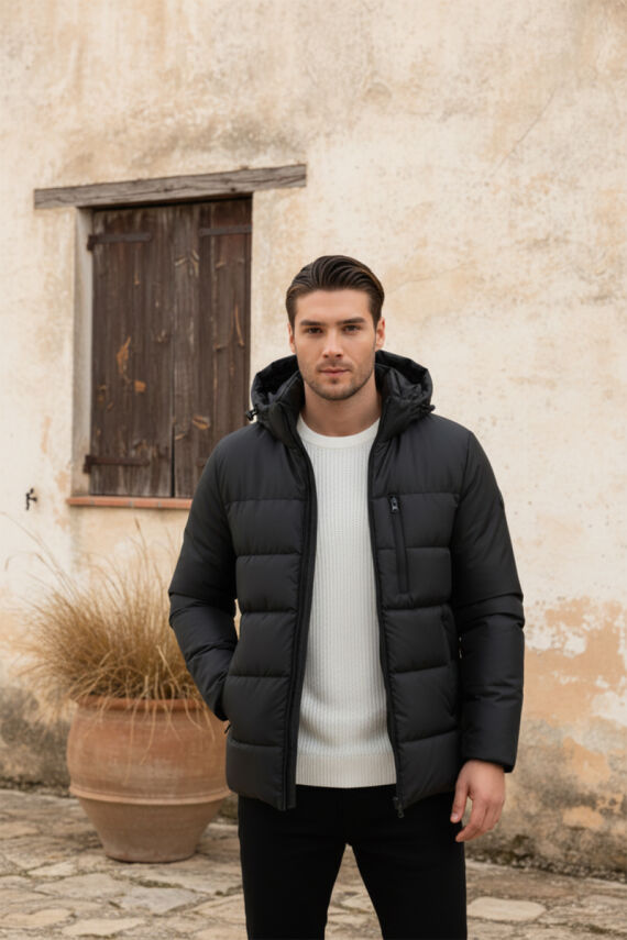 İçi Astarlı Su ve Rüzgar Geçirmez Cepli Kapüşonlu Erkek Mont - 7