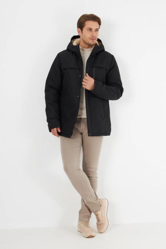 İçi Kürklü Su ve Rüzgar Geçirmez Cepli Kapüşonlu Erkek Mont - 3