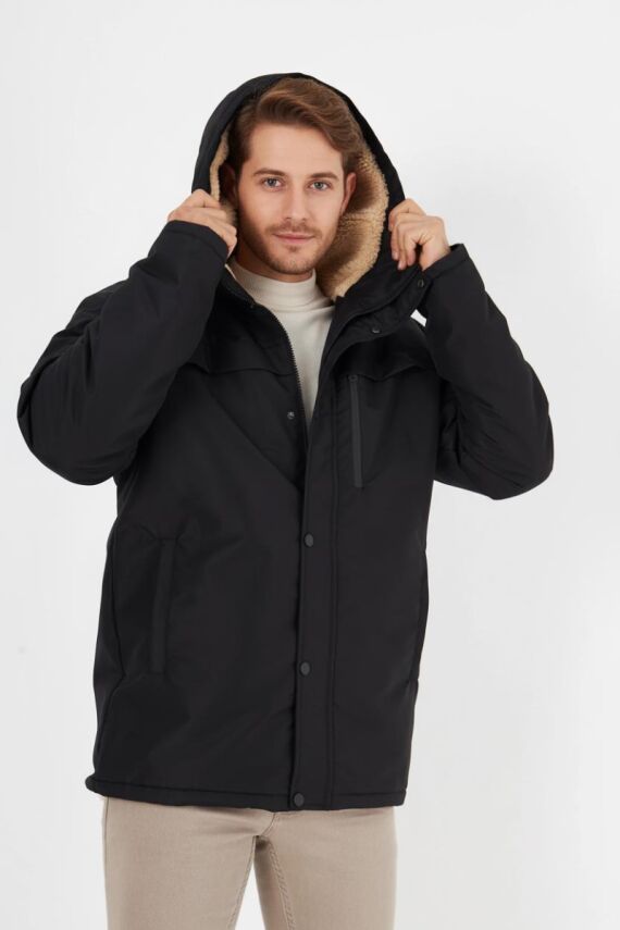 İçi Kürklü Su ve Rüzgar Geçirmez Cepli Kapüşonlu Erkek Mont - 4