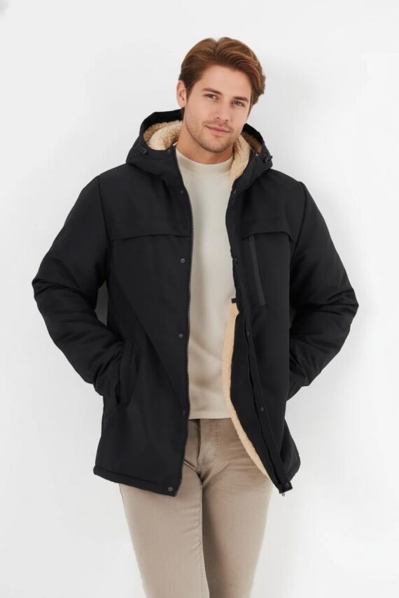 İçi Kürklü Su ve Rüzgar Geçirmez Cepli Kapüşonlu Erkek Mont - 1
