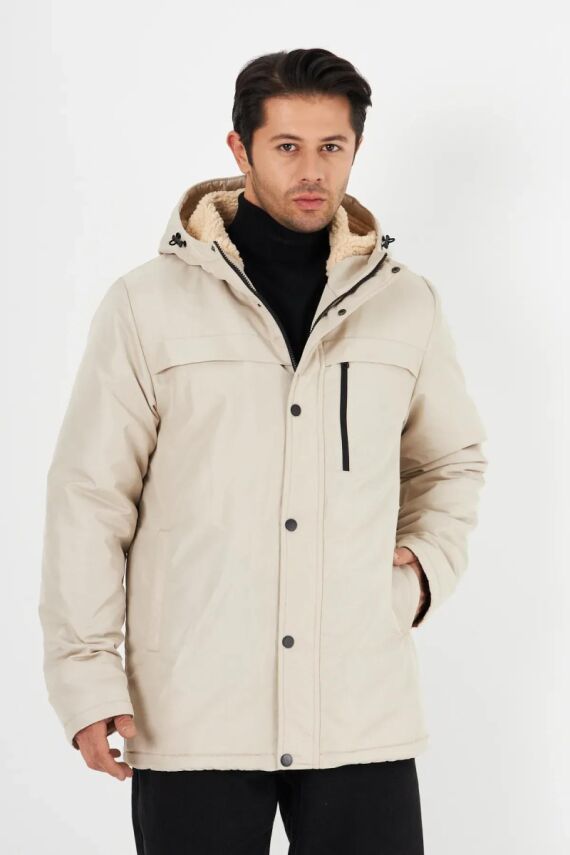 İçi Kürklü Su ve Rüzgar Geçirmez Cepli Kapüşonlu Erkek Mont - 6