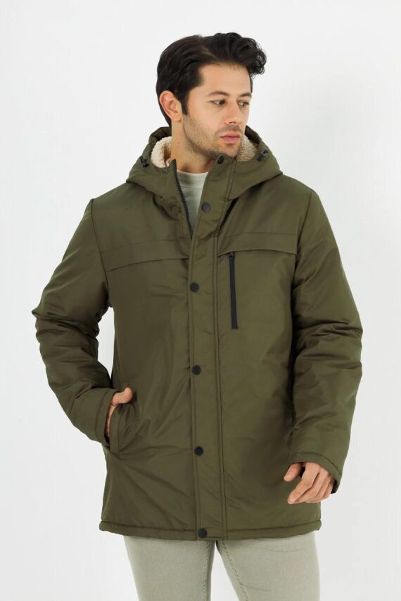 İçi Kürklü Su ve Rüzgar Geçirmez Cepli Kapüşonlu Erkek Mont - 12