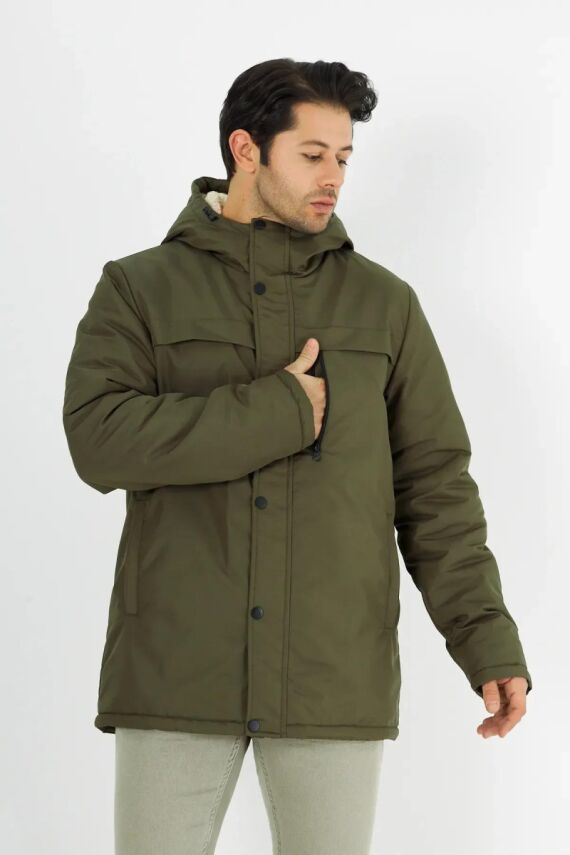 İçi Kürklü Su ve Rüzgar Geçirmez Cepli Kapüşonlu Erkek Mont - 14