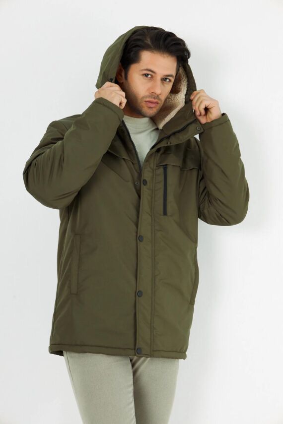 İçi Kürklü Su ve Rüzgar Geçirmez Cepli Kapüşonlu Erkek Mont - 15