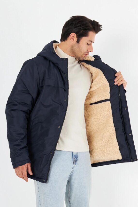 İçi Kürklü Su ve Rüzgar Geçirmez Cepli Kapüşonlu Erkek Mont - 18