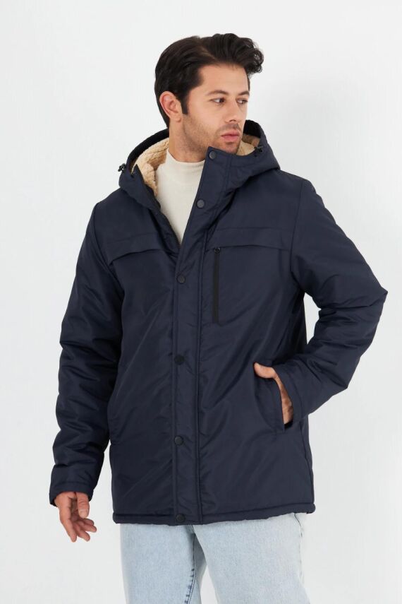 İçi Kürklü Su ve Rüzgar Geçirmez Cepli Kapüşonlu Erkek Mont - 19