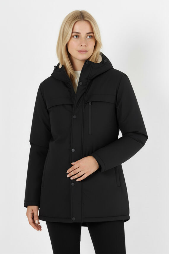 İçi Kürklü Su ve Rüzgar Geçirmez Cepli Kapüşonlu Kadın Mont - 4