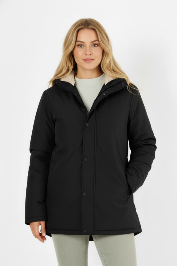 İçi Kürklü Su ve Rüzgar Geçirmez Cepli Kapüşonlu Kadın Mont - 4