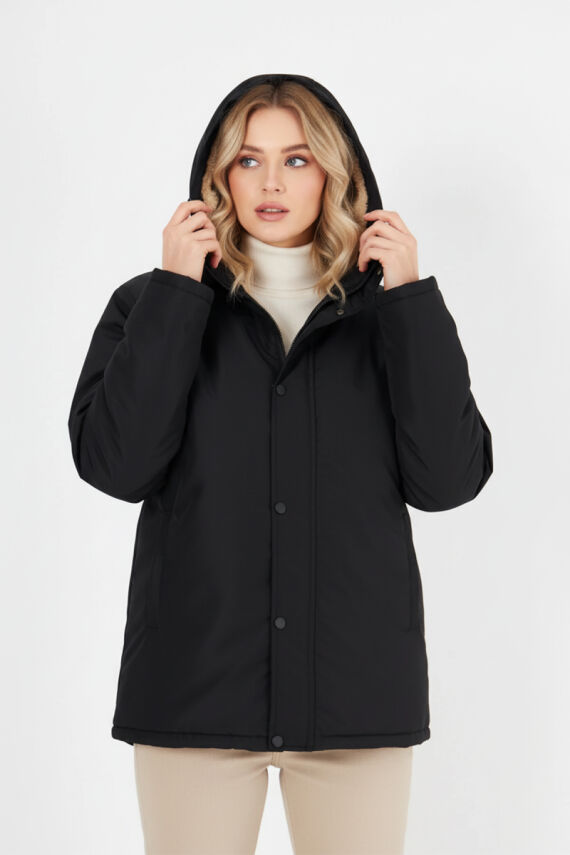 İçi Kürklü Su ve Rüzgar Geçirmez Cepli Kapüşonlu Kadın Mont - 5