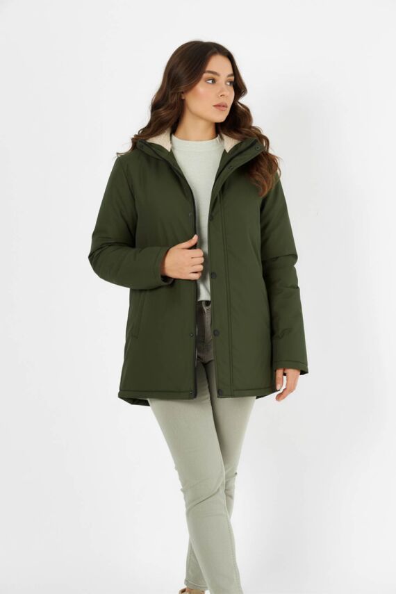 D1fference İçi Kürklü Cepli Kapüşonlu Jel Elyaflı Su ve Rügar Geçirmez Kadın Kışlık Mont - 4