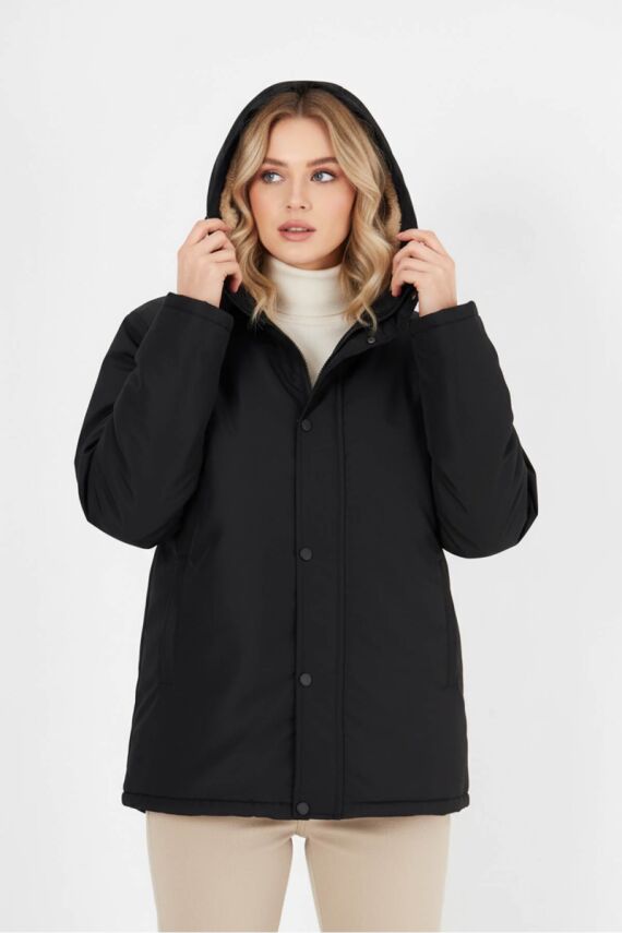 D1fference İçi Kürklü Cepli Kapüşonlu Jel Elyaflı Su ve Rügar Geçirmez Kadın Kışlık Mont - 10