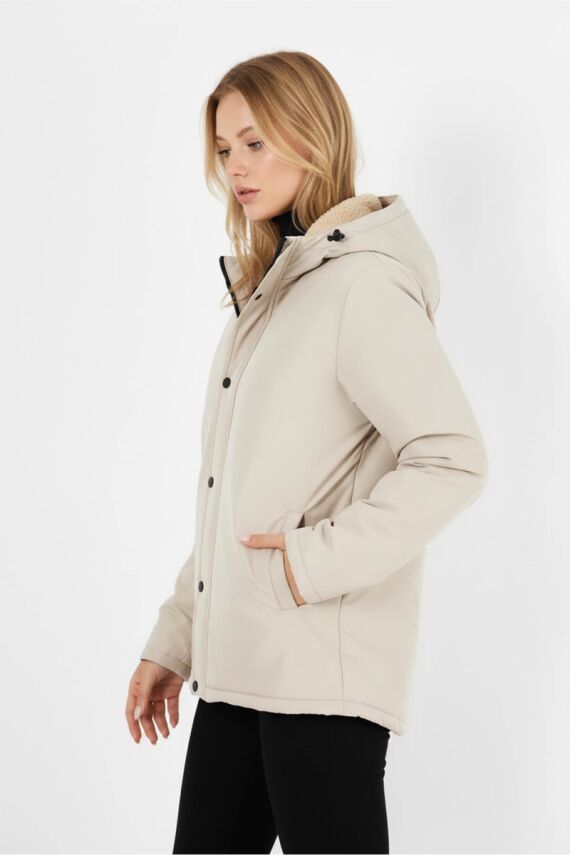 D1fference İçi Kürklü Cepli Kapüşonlu Jel Elyaflı Su ve Rügar Geçirmez Kadın Kışlık Mont - 14