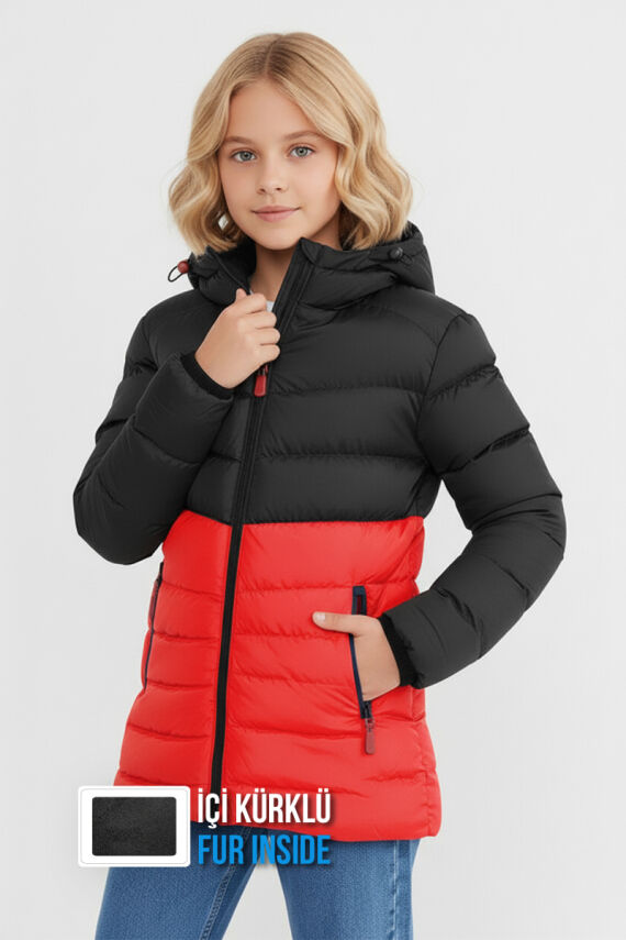 İçi Kürklü Su ve Rüzgar Geçirmez Kapüşonlu Kız Çocuk Mont - 2