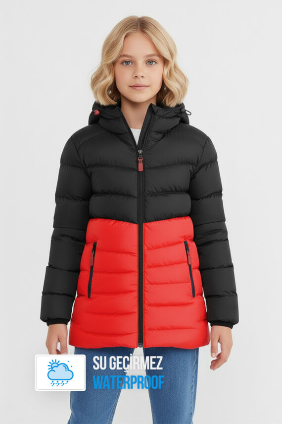 İçi Kürklü Su ve Rüzgar Geçirmez Kapüşonlu Kız Çocuk Mont - 1