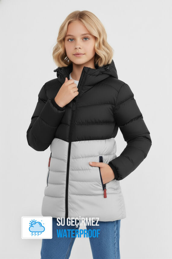 İçi Kürklü Su ve Rüzgar Geçirmez Kapüşonlu Kız Çocuk Mont - 38