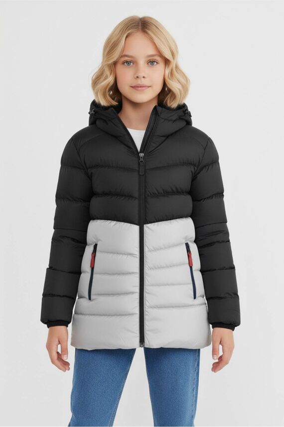 D1fference İçi Kürklü Cepli Kapüşonlu Jel Elyaflı Su ve Rügar Geçirmez Kız Çocuk Kışlık Mont - 1