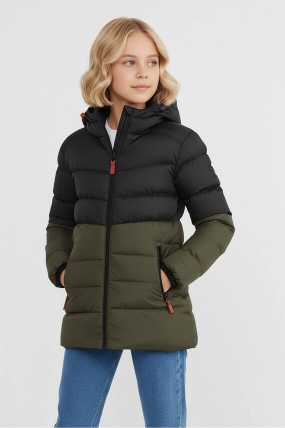 D1fference İçi Kürklü Cepli Kapüşonlu Jel Elyaflı Su ve Rügar Geçirmez Kız Çocuk Kışlık Mont - 9