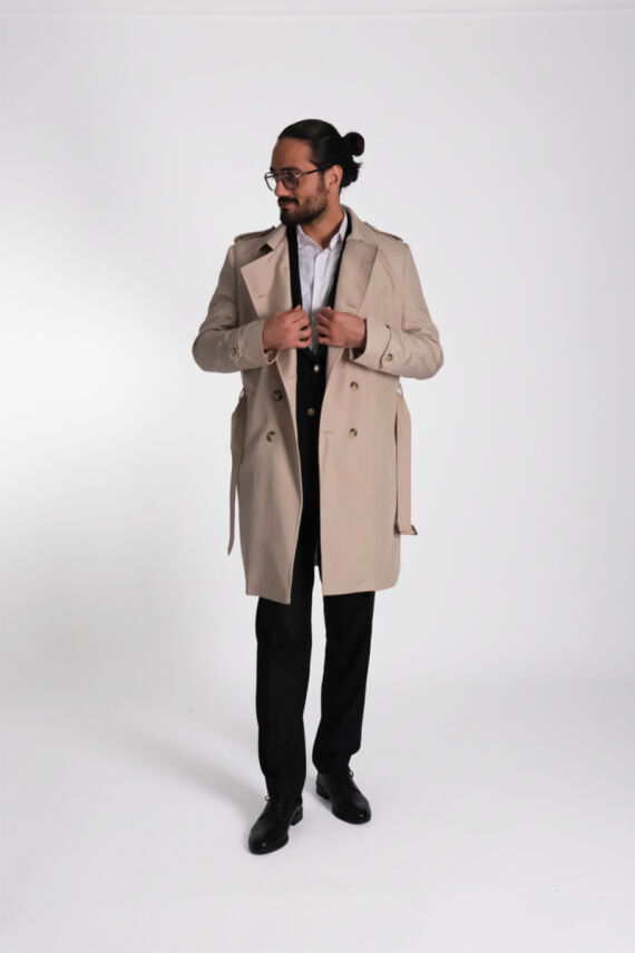 Regular Fit Kruvaze Kapama Kemerli Apoletli Uzun Trençkot - 1