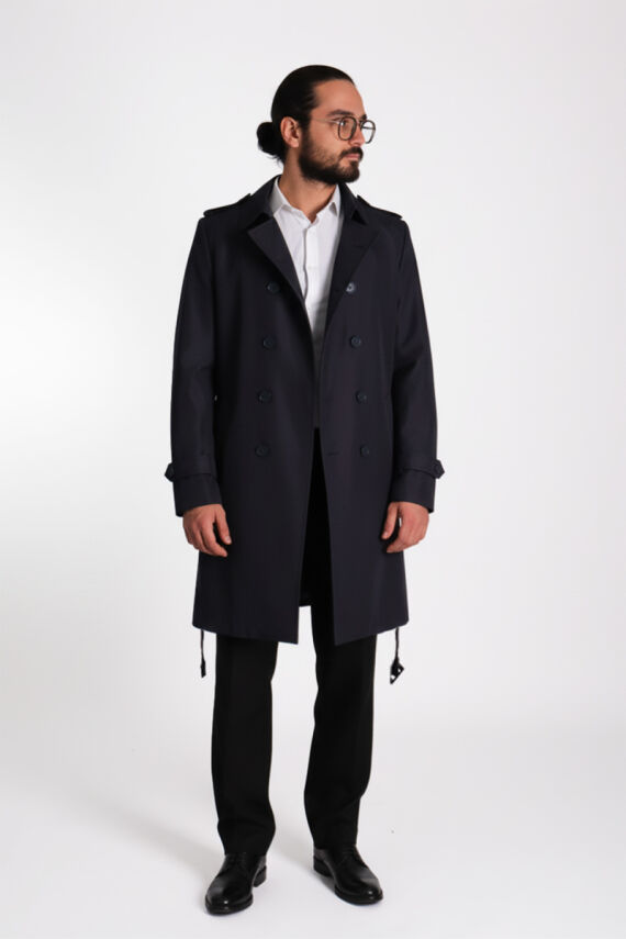 Regular Fit Kruvaze Kapama Kemerli Apoletli Uzun Trençkot - 9