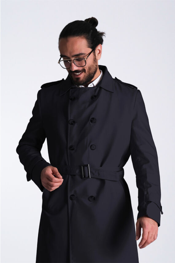 Regular Fit Kruvaze Kapama Kemerli Apoletli Uzun Trençkot - 11