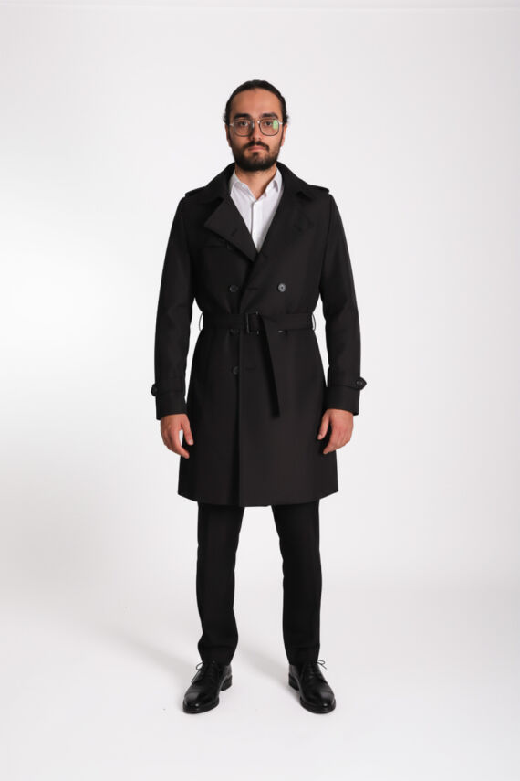 Regular Fit Kruvaze Kapama Kemerli Apoletli Uzun Trençkot - 15