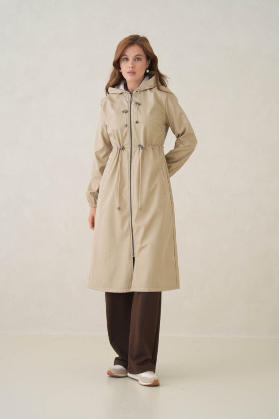 Su Geçirmez Kapüşonlu Fermuarlı Sık Dokuma Kadın Trençkot - 2