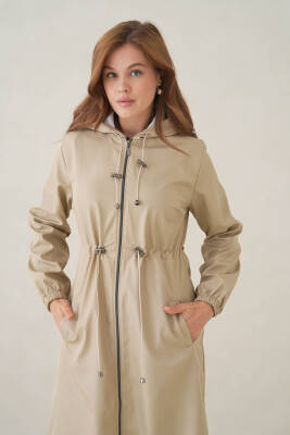 Su Geçirmez Kapüşonlu Fermuarlı Sık Dokuma Kadın Trençkot - 3