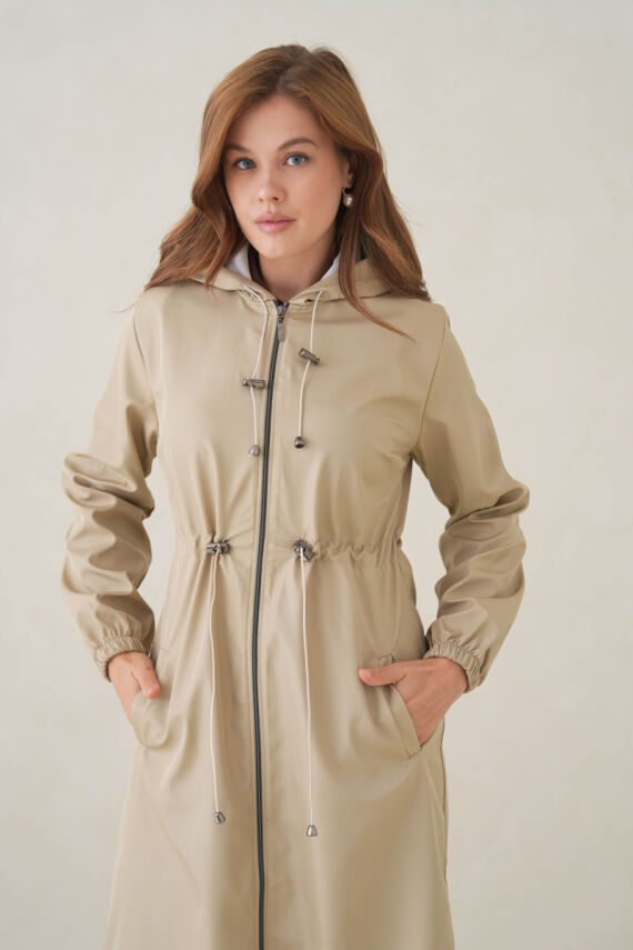 Su Geçirmez Kapüşonlu Fermuarlı Sık Dokuma Kadın Trençkot - 3
