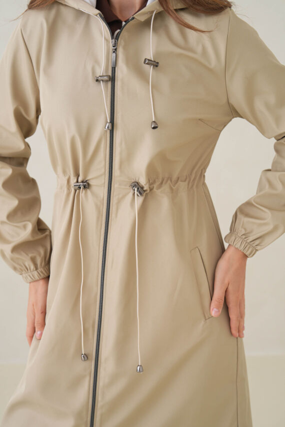 Su Geçirmez Kapüşonlu Fermuarlı Sık Dokuma Kadın Trençkot - 4