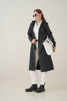 Su Geçirmez Kapüşonlu Fermuarlı Sık Dokuma Kadın Trençkot - 7