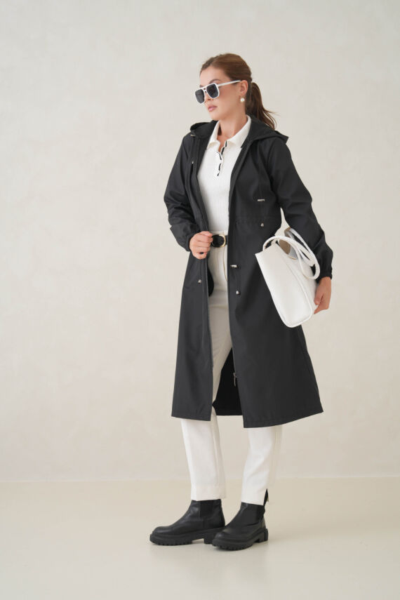 Su Geçirmez Kapüşonlu Fermuarlı Sık Dokuma Kadın Trençkot - 7