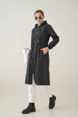 Su Geçirmez Kapüşonlu Fermuarlı Sık Dokuma Kadın Trençkot - 9