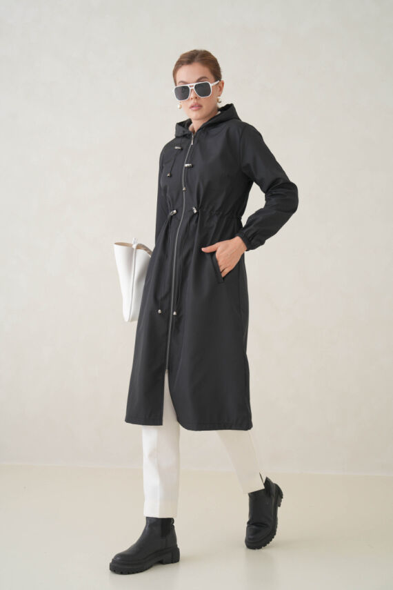 Su Geçirmez Kapüşonlu Fermuarlı Sık Dokuma Kadın Trençkot - 9