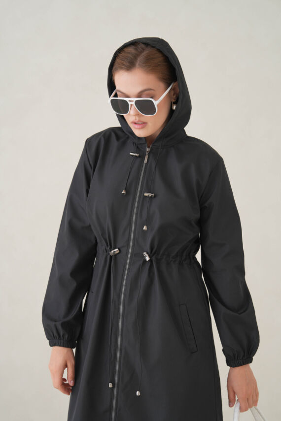 Su Geçirmez Kapüşonlu Fermuarlı Sık Dokuma Kadın Trençkot - 10