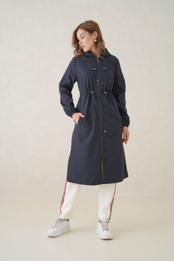 Su Geçirmez Kapüşonlu Fermuarlı Sık Dokuma Kadın Trençkot - 14