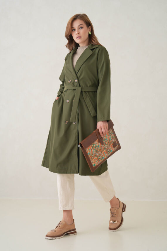 Su Geçirmez Kruvaze Yaka Sık Dokuma Kadın Trençkot - 8