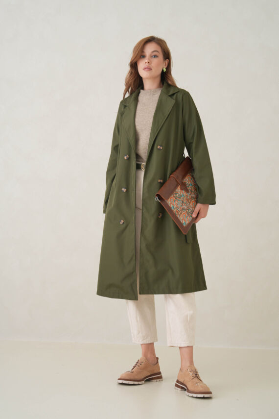 Su Geçirmez Kruvaze Yaka Sık Dokuma Kadın Trençkot - 9