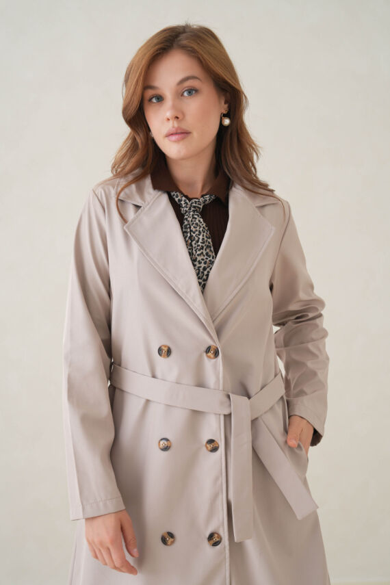 Su Geçirmez Kruvaze Yaka Sık Dokuma Kadın Trençkot - 24